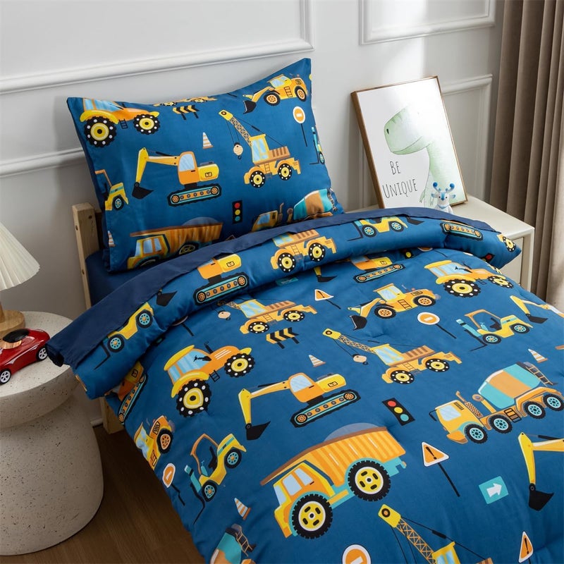 NTBED 4 Pieces Traffic Construction Toddler Bedding Set for Baby Boys,Truck Vehicles Excavator Cars Printed, Includes Comforter, Flat Sheet, Fitted Sheet and Pillowcase,Blue - Image 2
